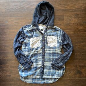 American Eagle AE Hooded button down patchwork plaid flannel sweatshirt top sz S